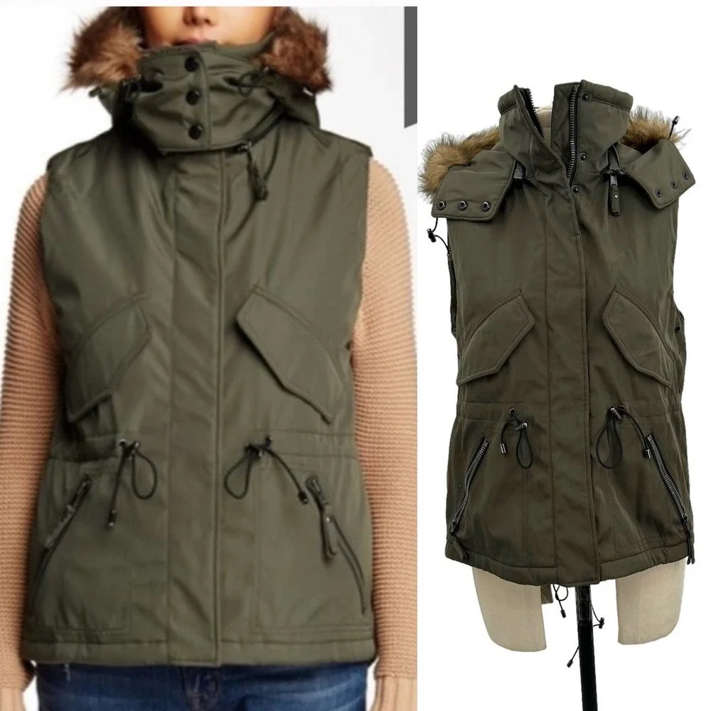 S13/NYC Trapper Vest w Detachable Faux Fur‎ Hood Olive Green Size Small